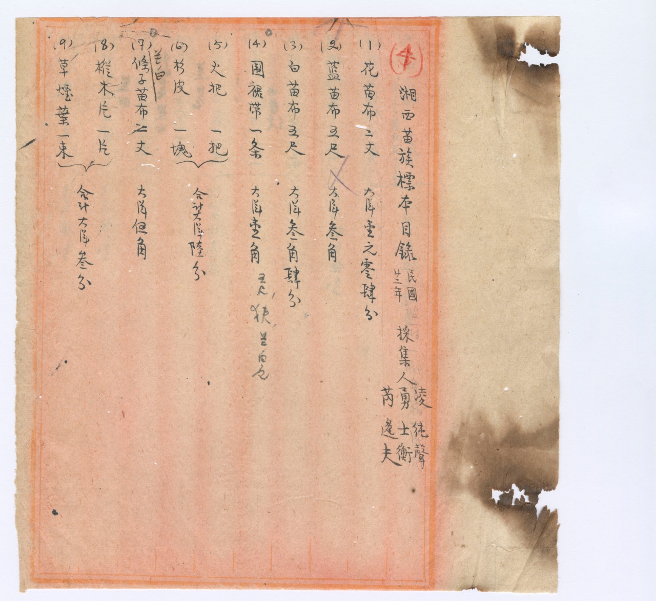 湘西苗族標本原採購登記冊　