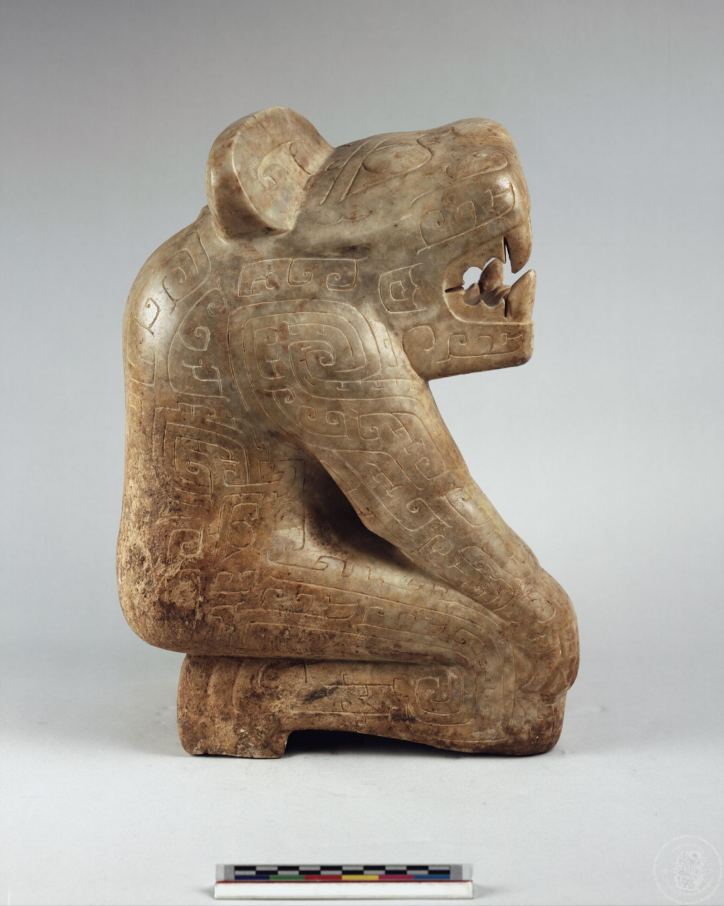 Marble Sculpture of a Kneeling Anthropomorphic Figure with a Tiger Head