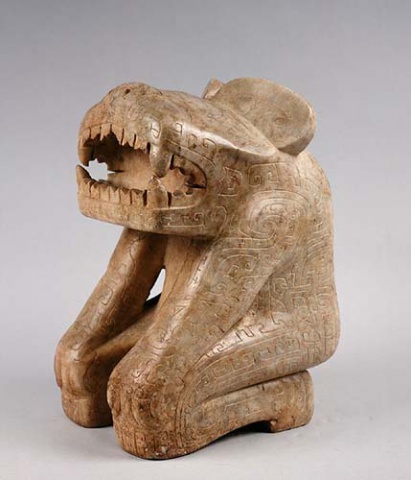 Marble Sculpture of a Kneeling Anthropomorphic Figure with a Tiger Head