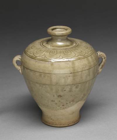 Two-Handled Celadon Jar with Lotus Petal Decor