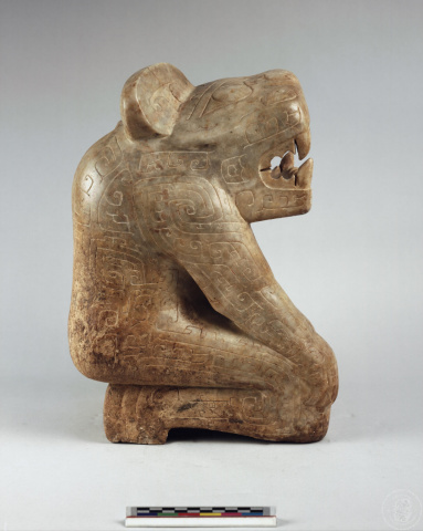 Marble Sculpture of a Kneeling Anthropomorphic Figure with a Tiger Head